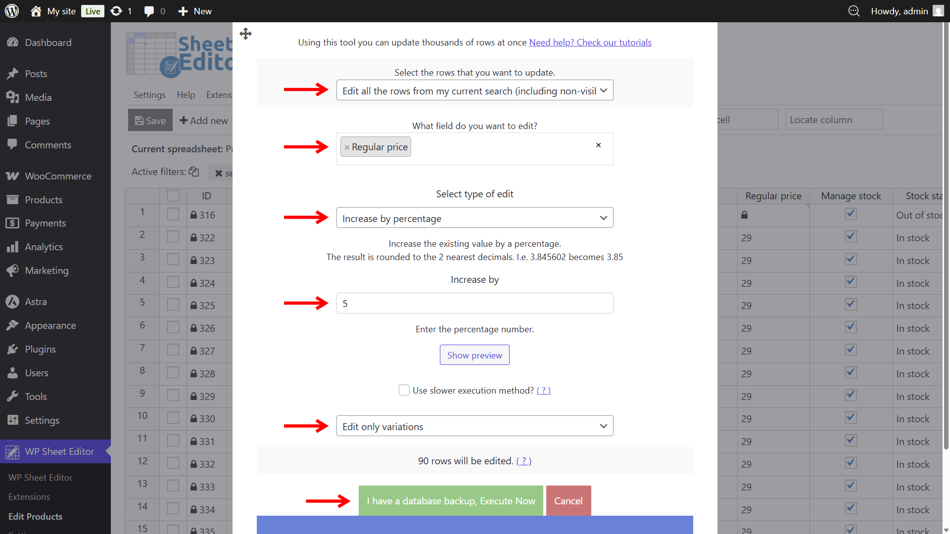 Configuring bulk editor to increase regular price field for variations only