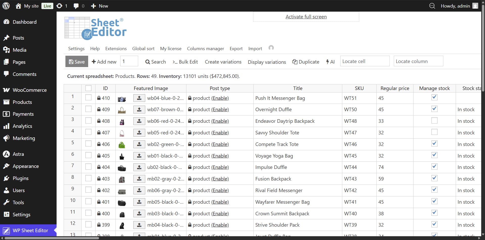 WooCommerce product catalog displayed in the WP Sheet Editor spreadsheet interface
