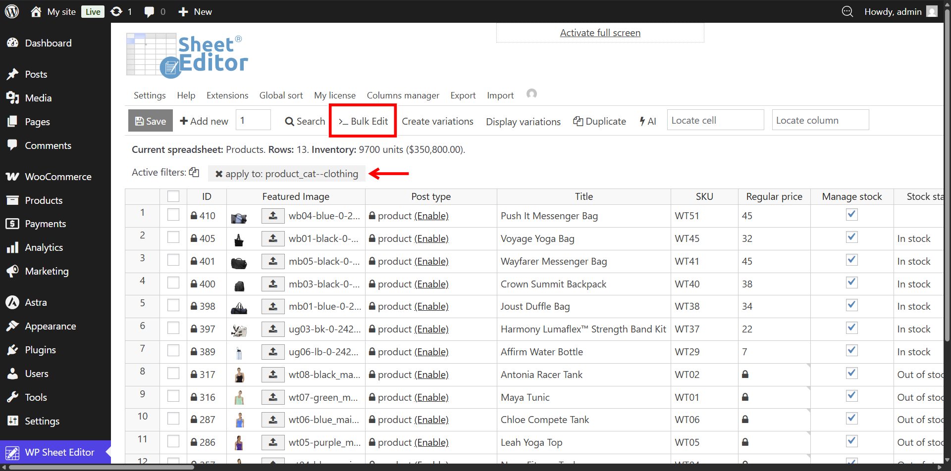 Opening the bulk editor after filtering items by category