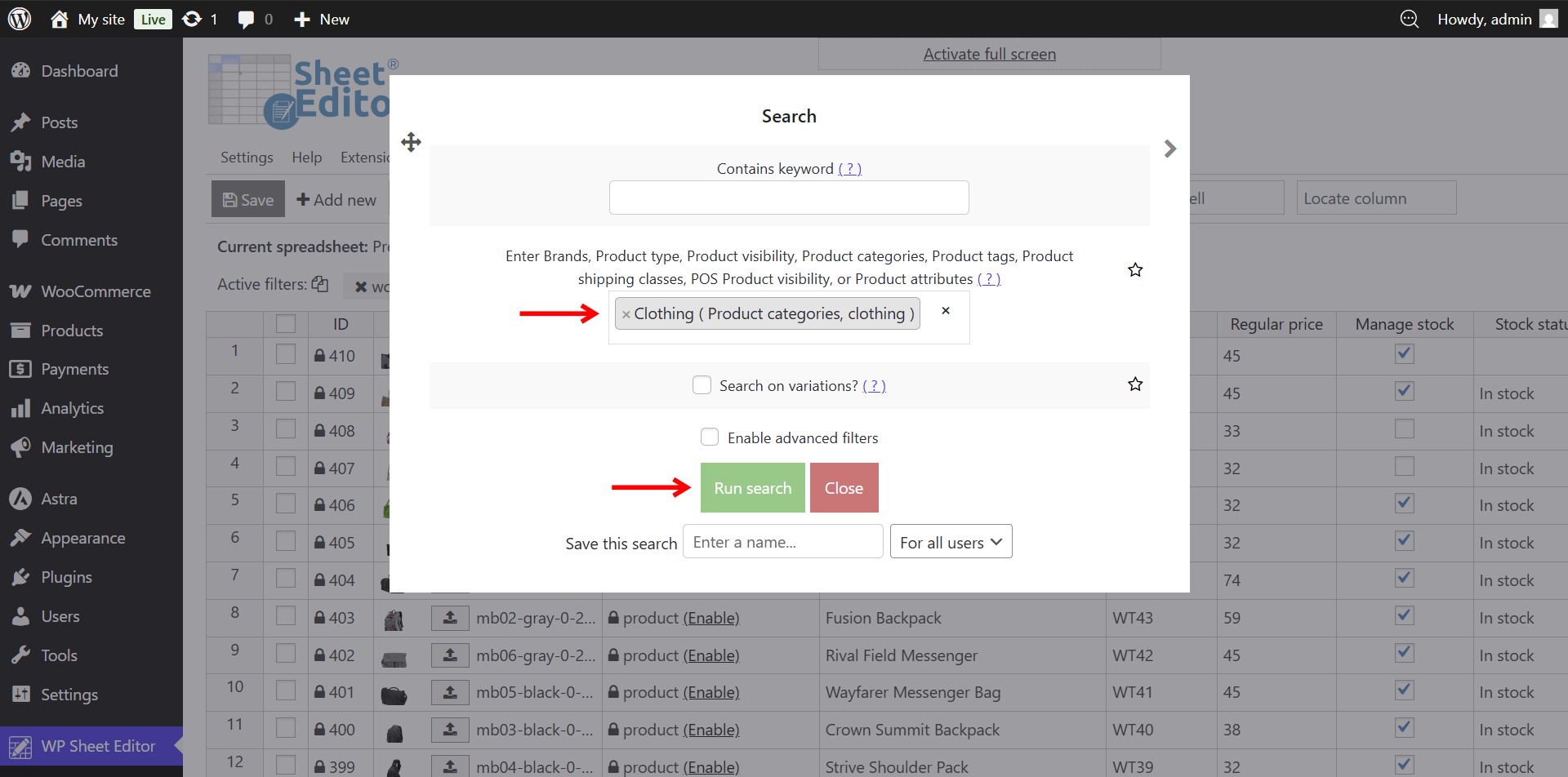 Filtering WooCommerce products by the clothing category in the search tool