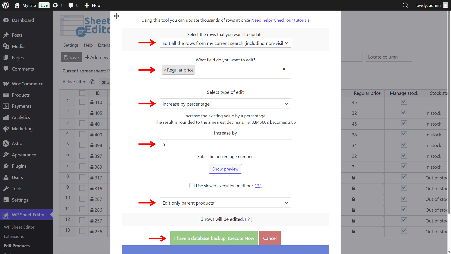 Bulk edit settings to apply percentage price hike to specific categories or attributes