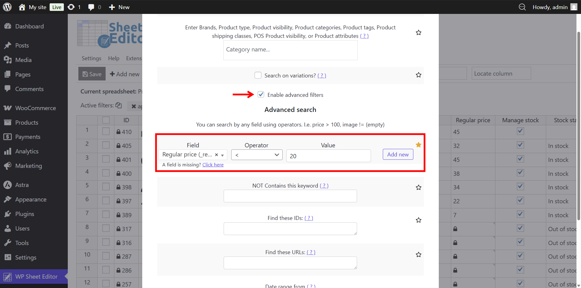 Configuring advanced filters to find products with a regular price less than twenty dollars