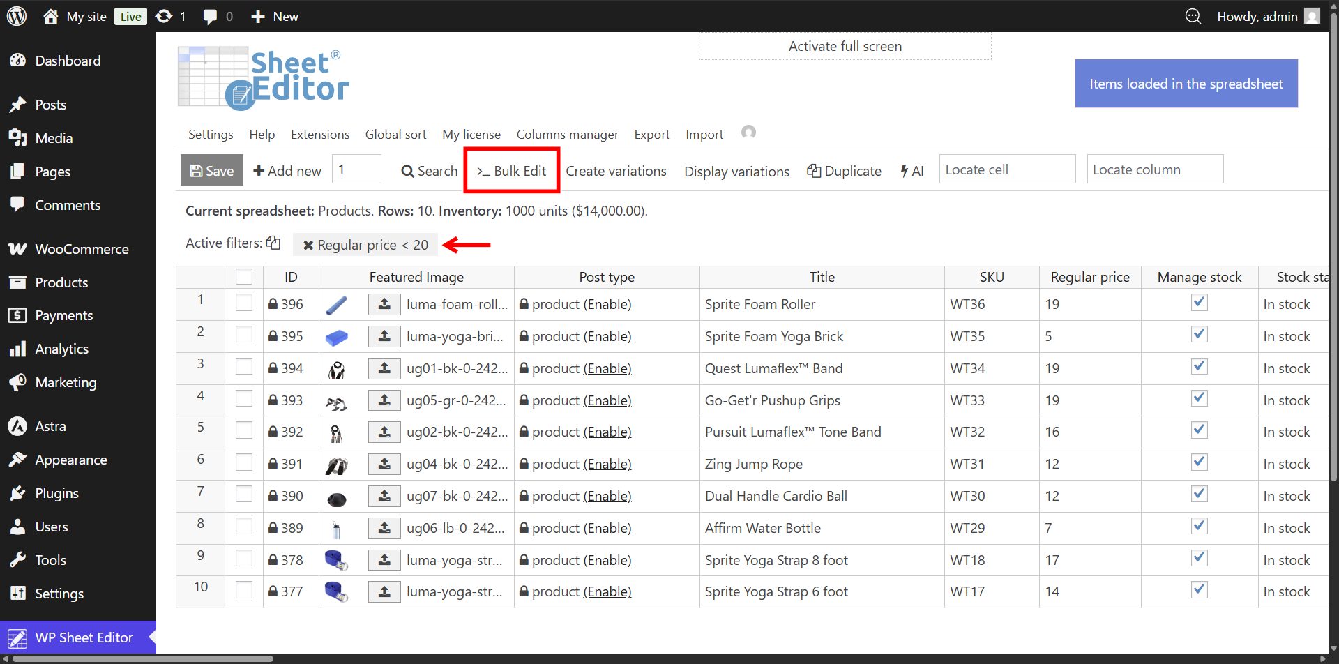 Opening bulk editor for items found within specific price range