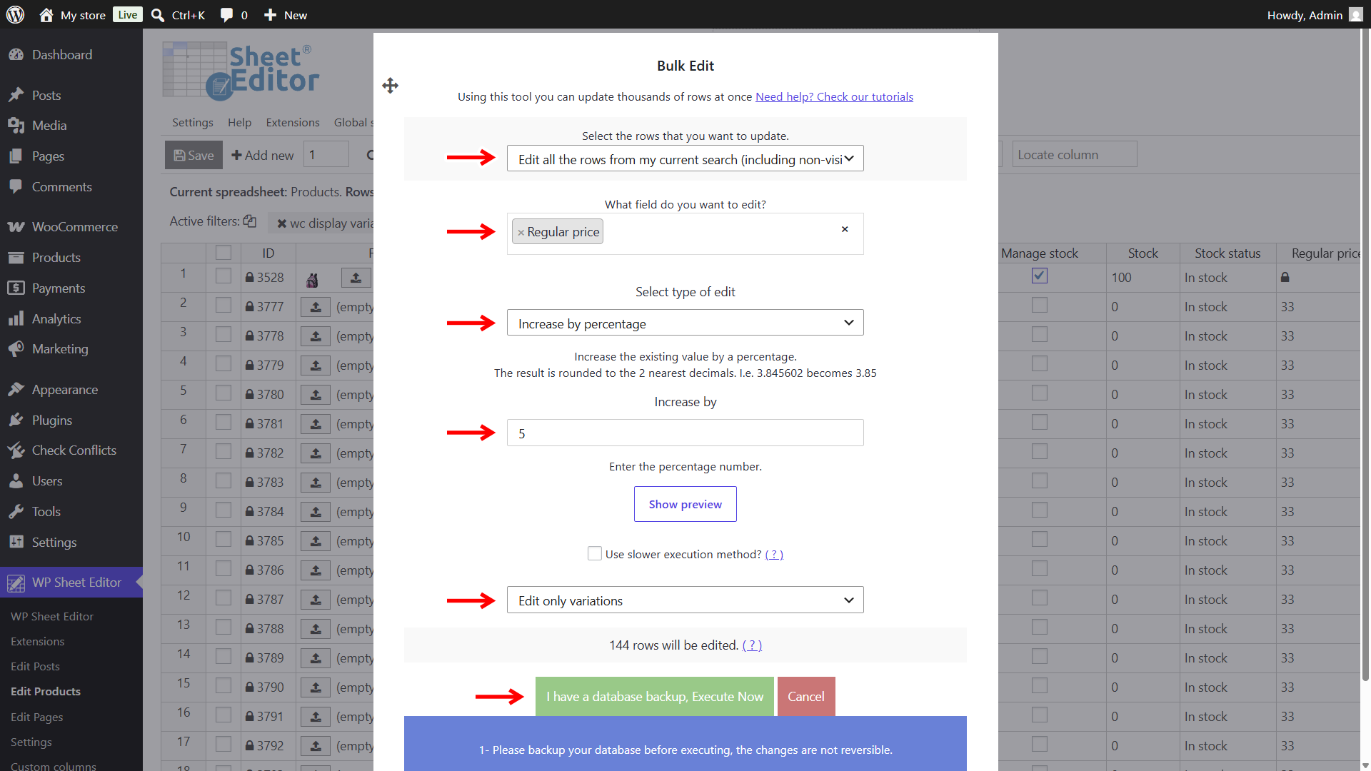 Increase regular prices by percentage in WooCommerce variations