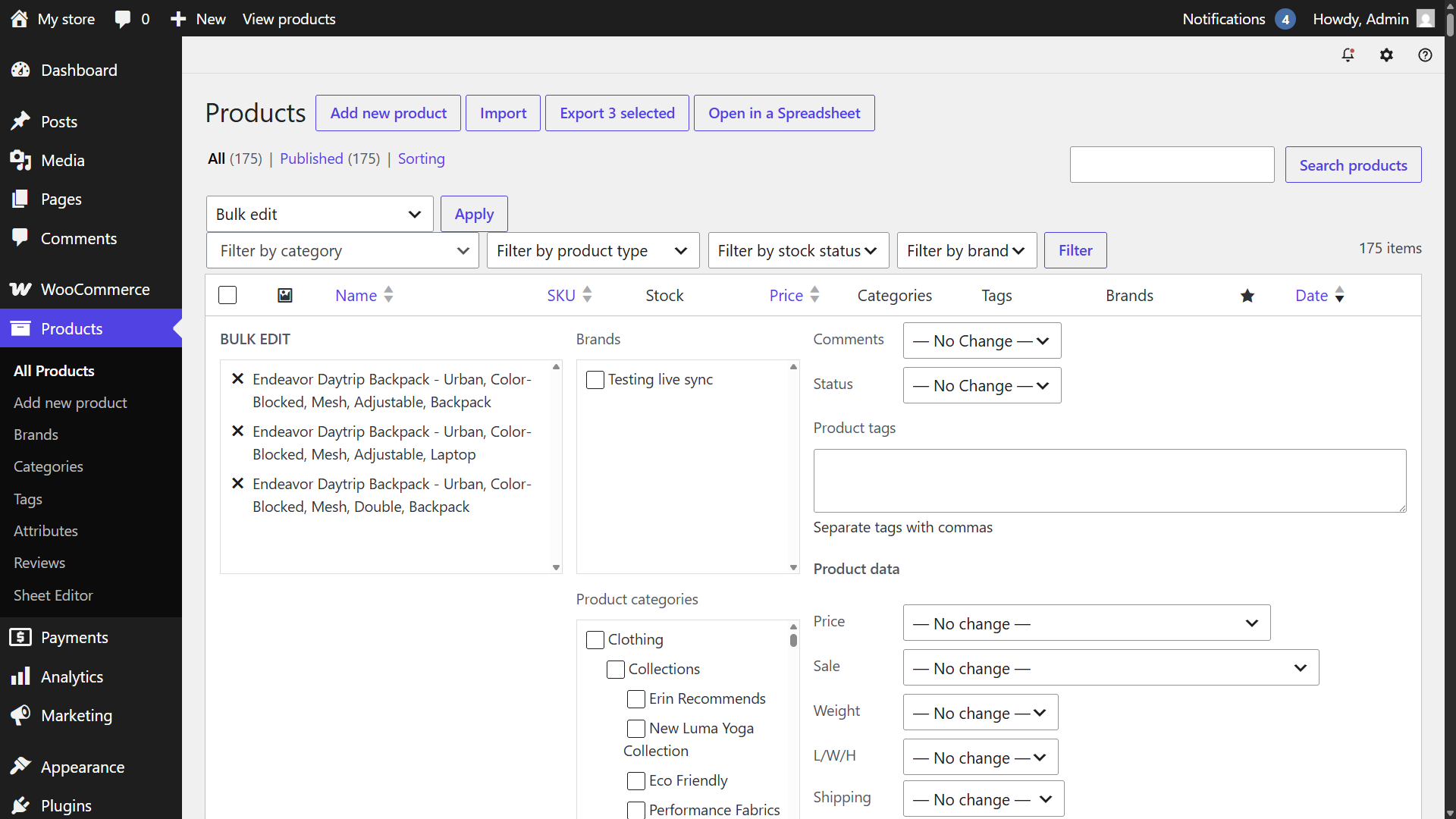 WooCommerce default bulk edit screen showing limitation with product variations