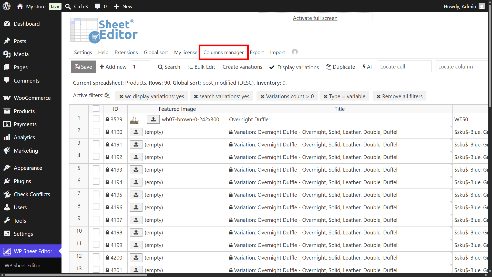 WP Sheet Editor Columns Manager for WooCommerce product variations
