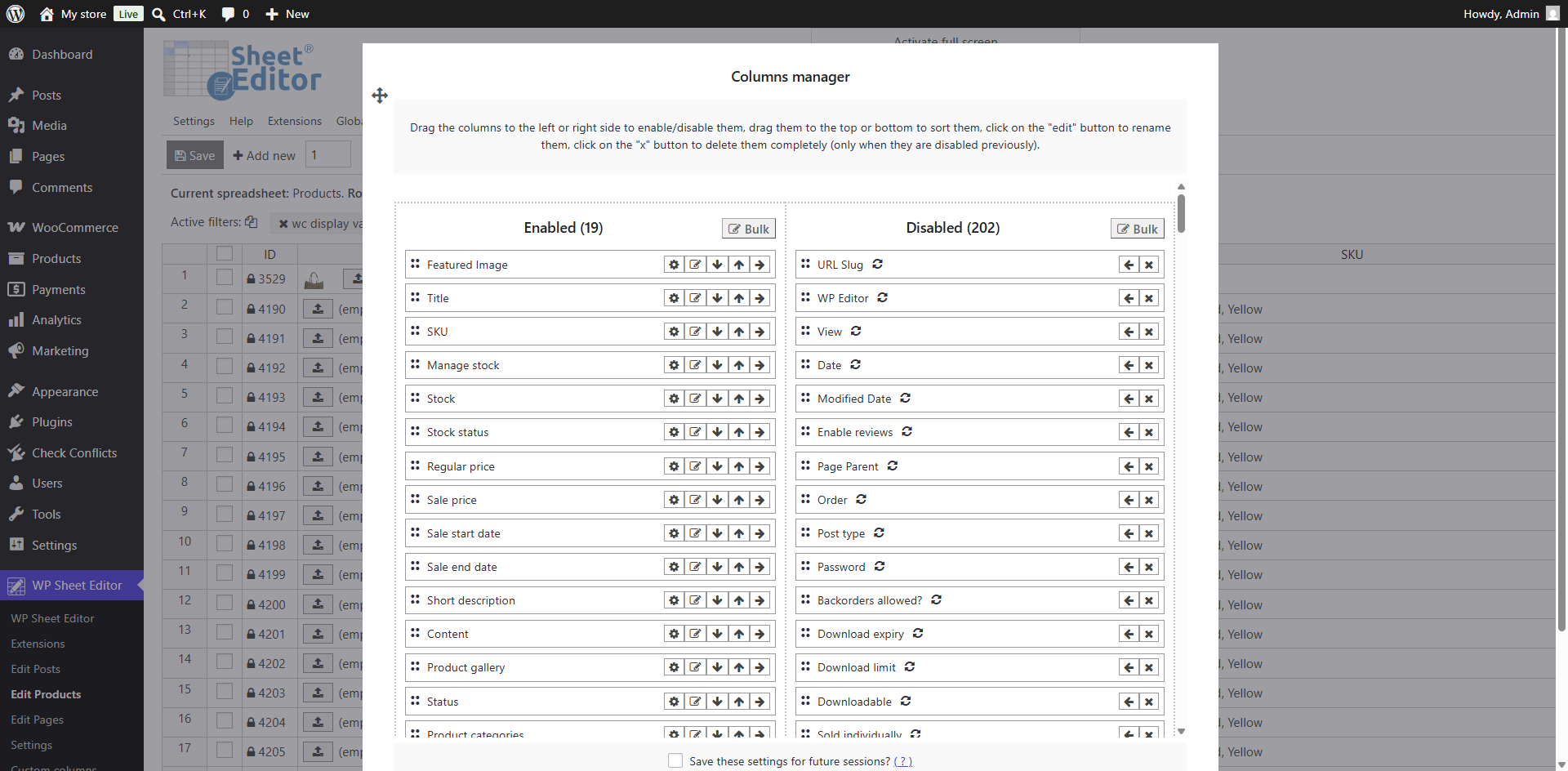 Hiding unnecessary product columns in WP Sheet Editor