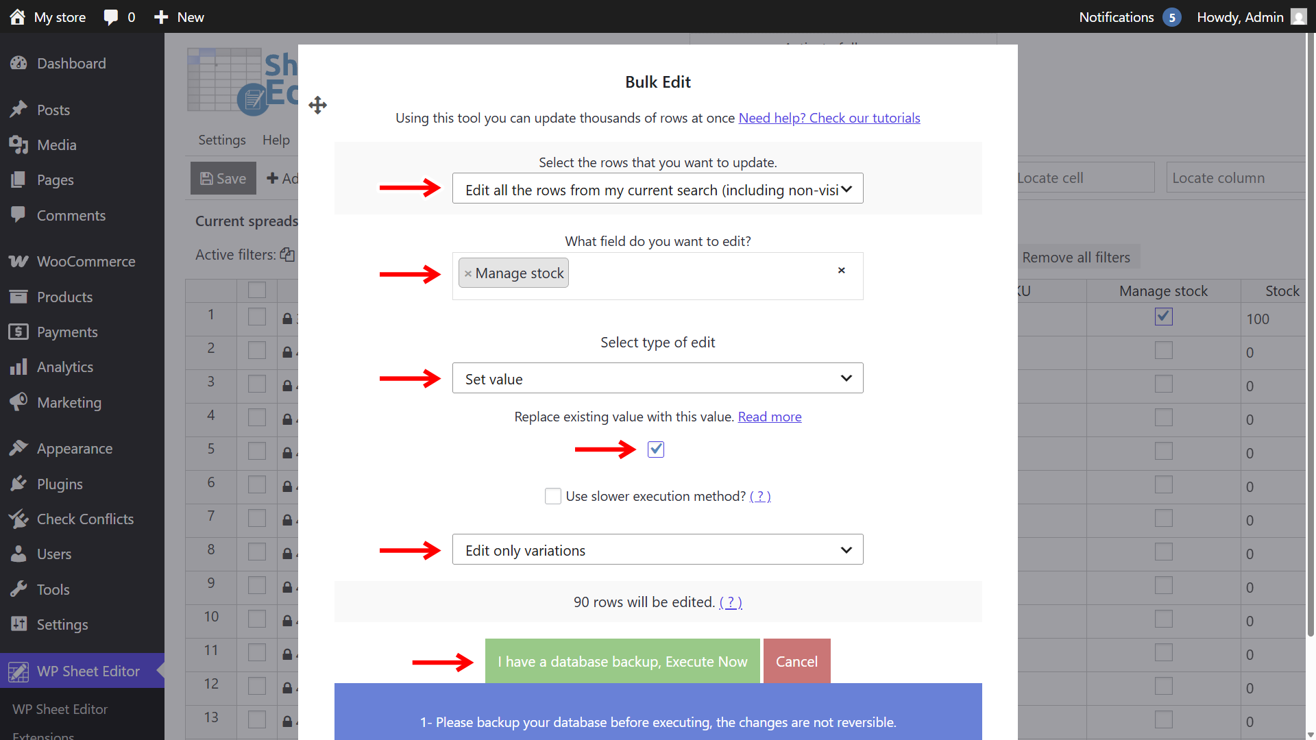 Enabling manage stock on WooCommerce product variations in bulk