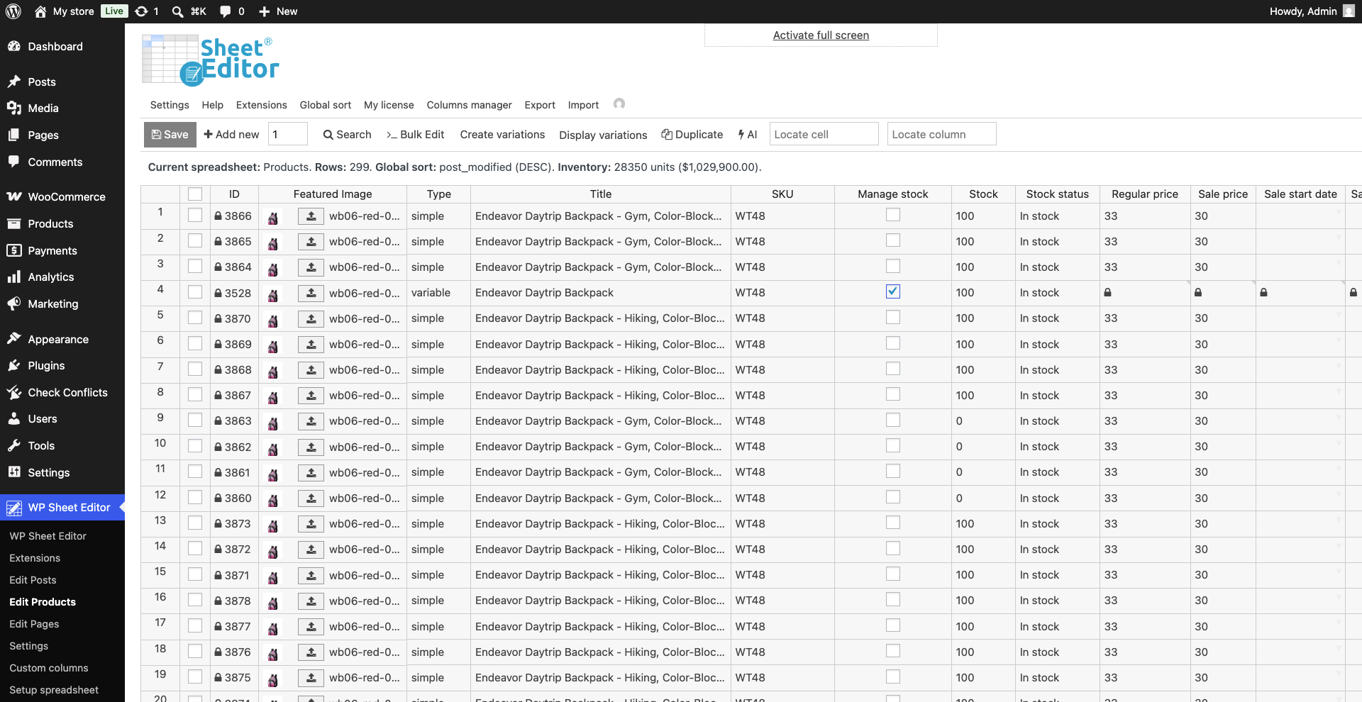 woocommerce product attributes loaded in wp sheet editor spreadsheet