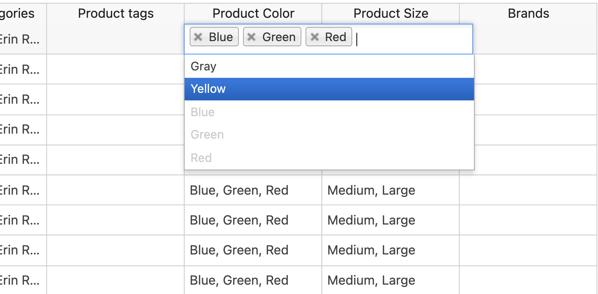 selecting woocommerce attribute terms in a spreadsheet