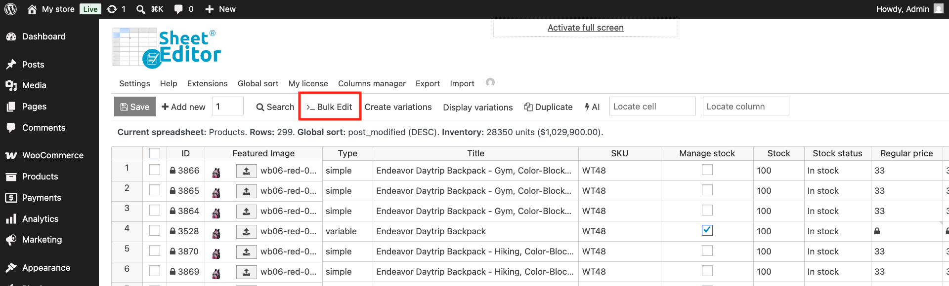 opening bulk edit attributes tool in wp sheet editor