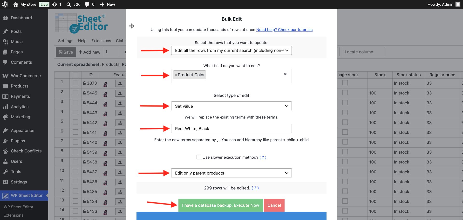 values to set the same attribute terms in bulk in woocommerce products