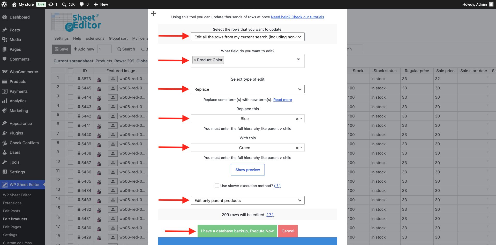 values to bulk replace woocommerce product attribute terms