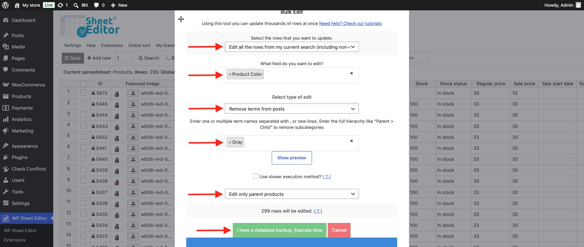values to remove attribute terms from products woocommerce
