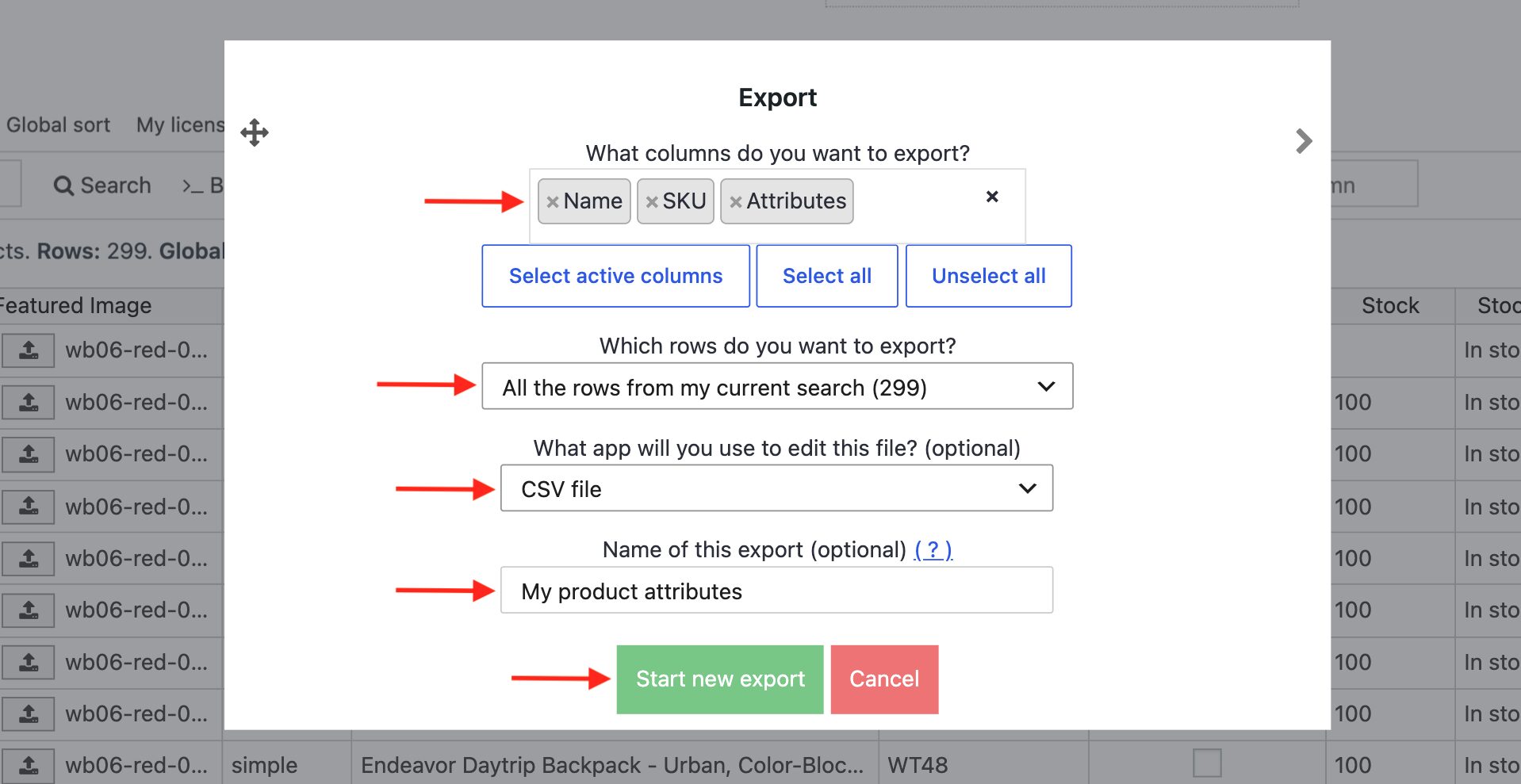 exporting woocommerce attributes to csv or excel file