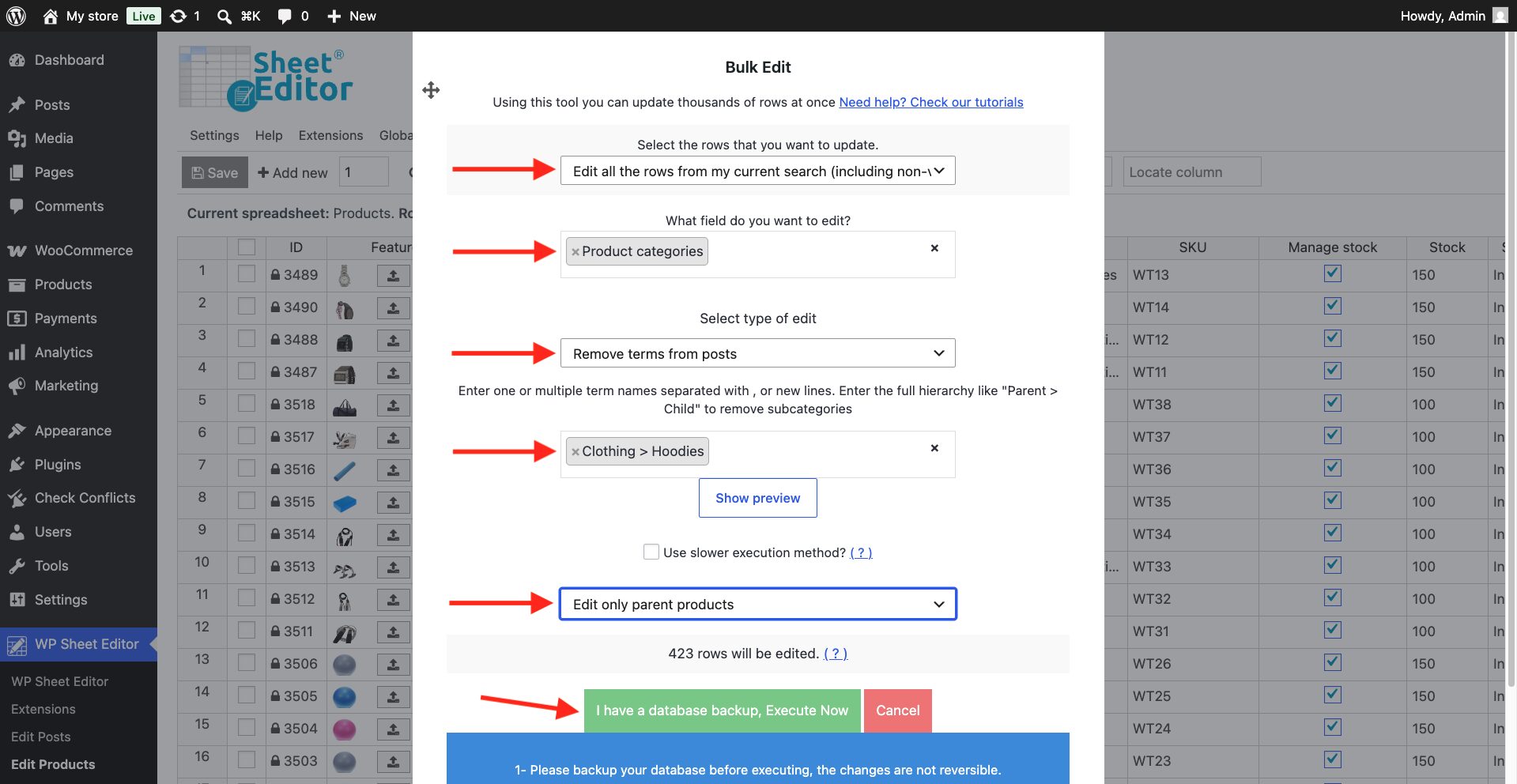 remove specific categories from woocommerce products in bulk