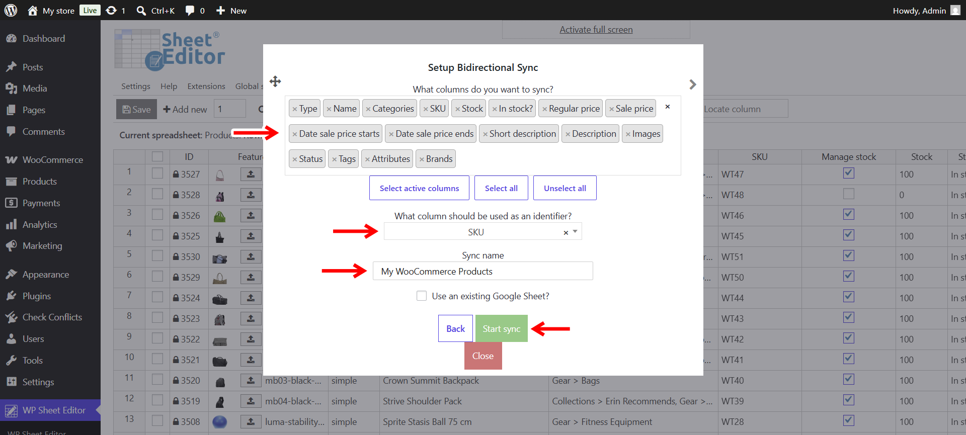 set up google live sync woocommerce