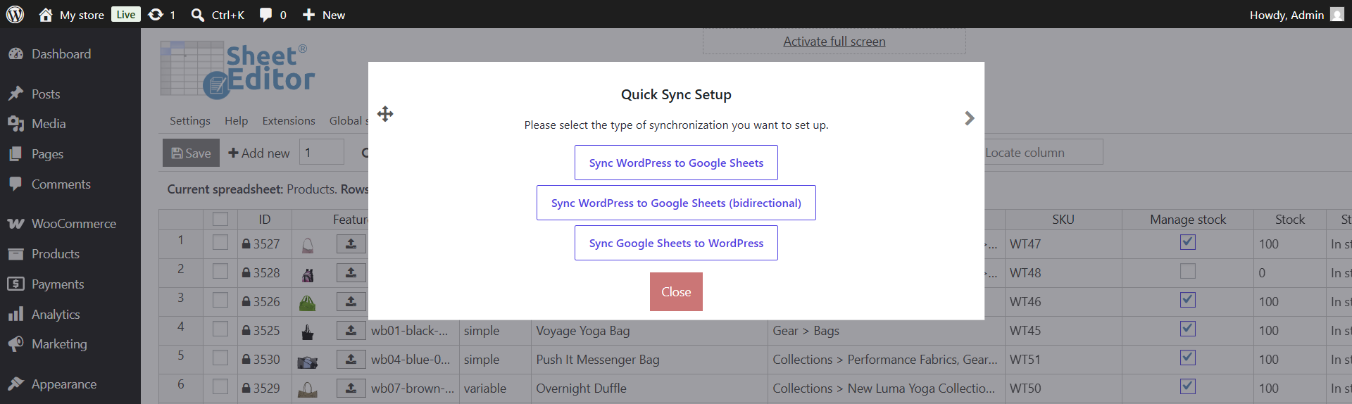 sync options for woocommerce and google spreadsheets