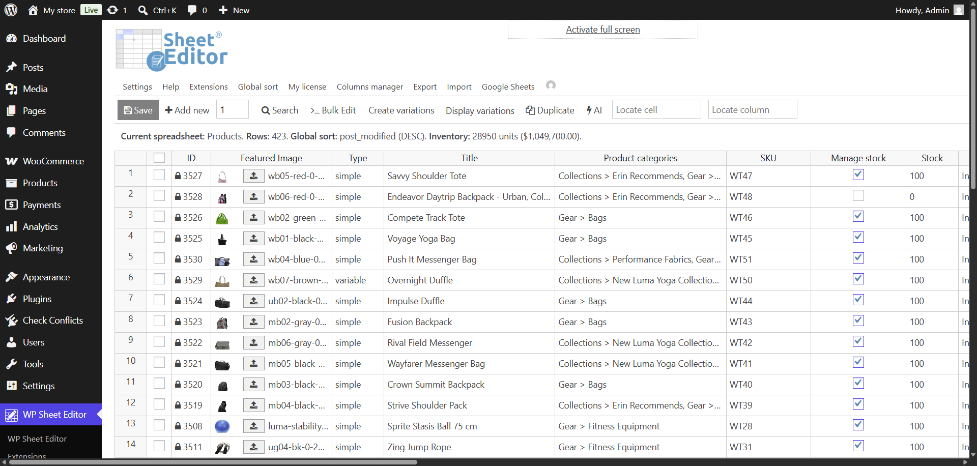 open woocommerce products spreadsheet wp sheet editor