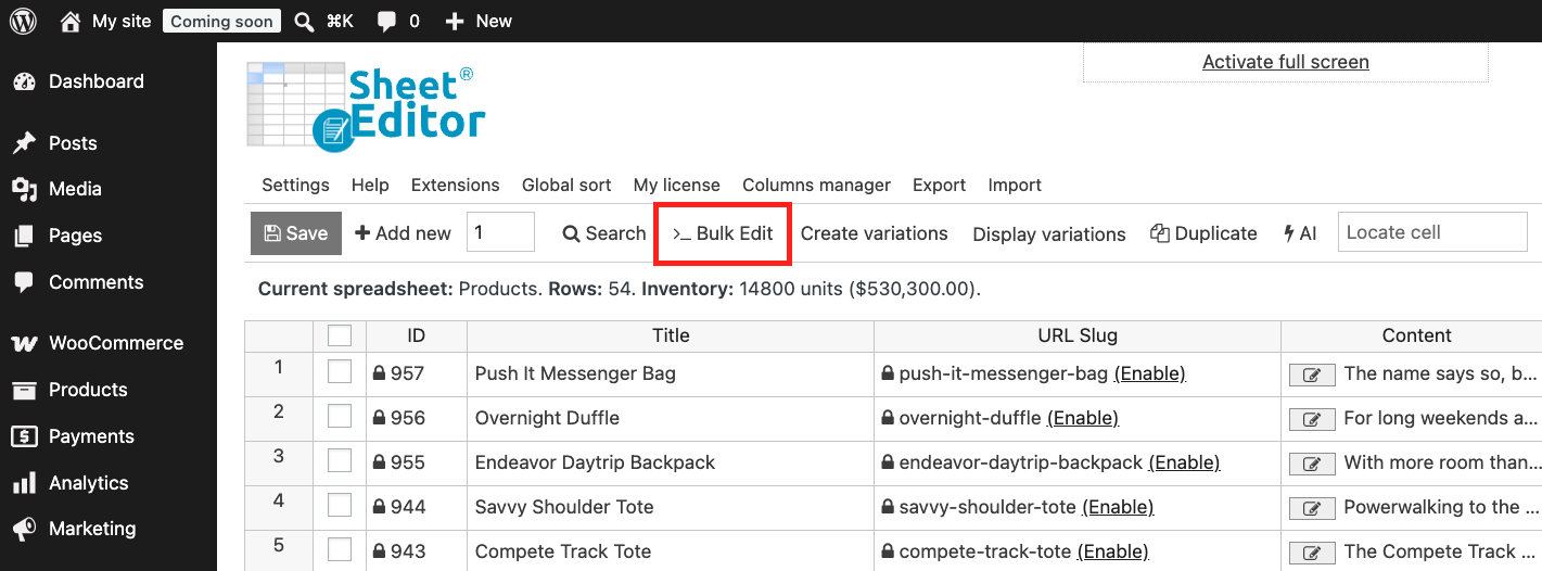 Opening the Bulk Edit tool to edit all product sale prices