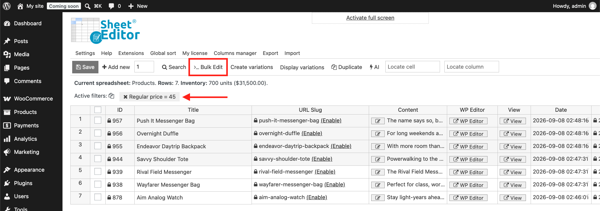 Bulk Edit tool opened to update sale pricing for the searched products