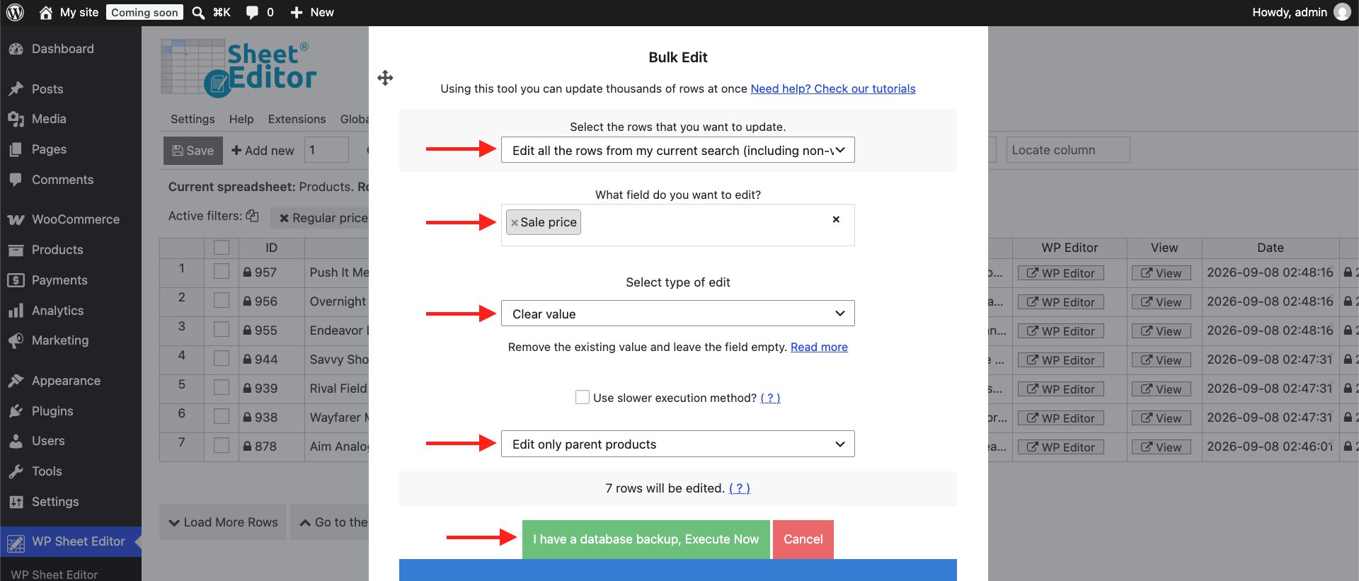 Bulk Edit tool configured to clear sale prices for all selected products