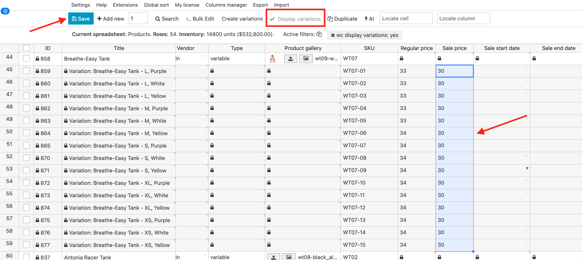 Bulk editing sale prices for product variations in the spreadsheet