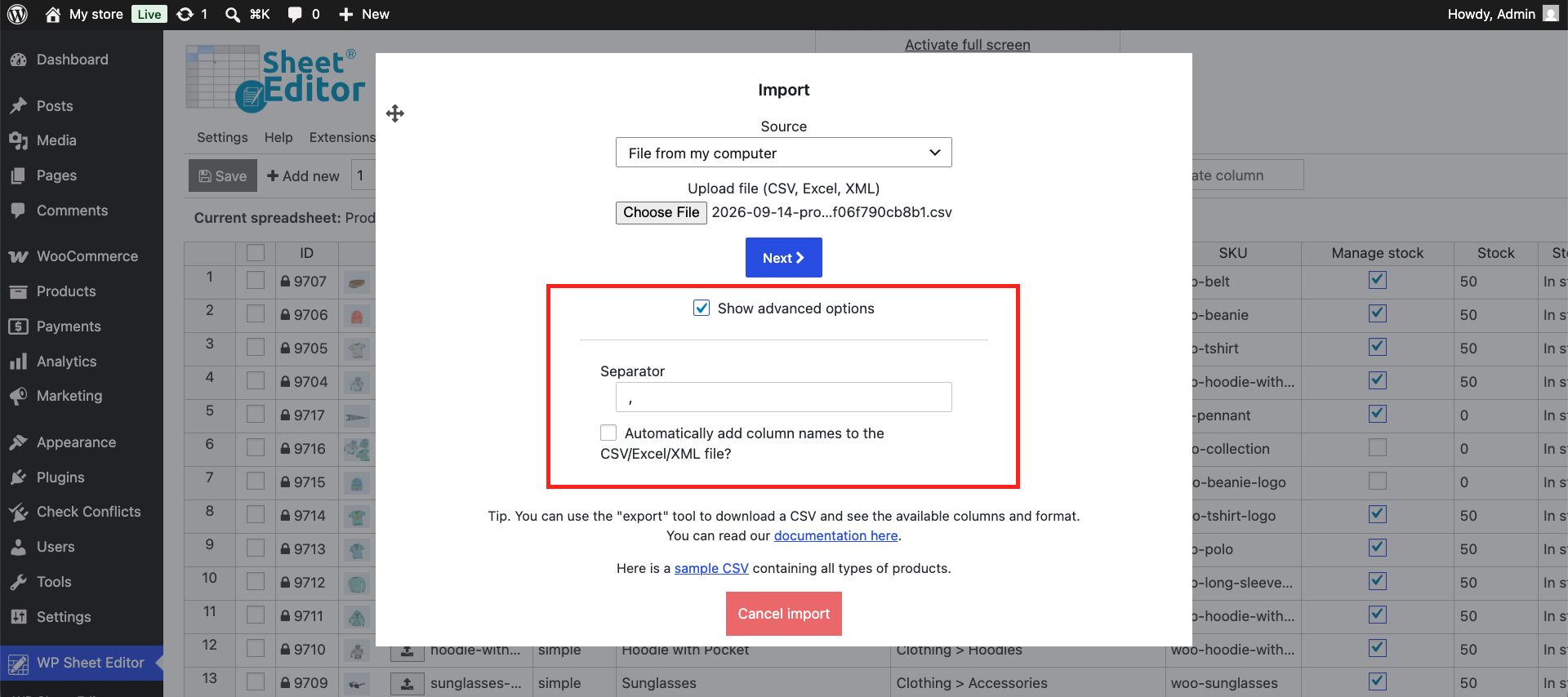 Advanced import settings for CSV product price updates