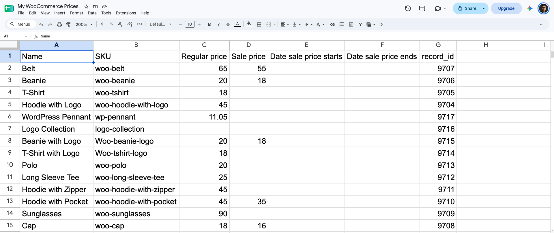 Bulk edit WooCommerce prices in Excel or Google Sheets spreadsheet