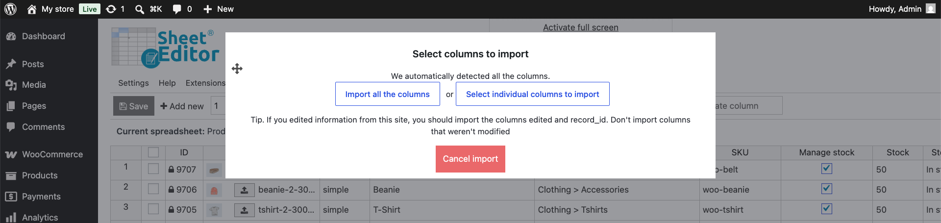 Choose product price columns to map and import into WooCommerce