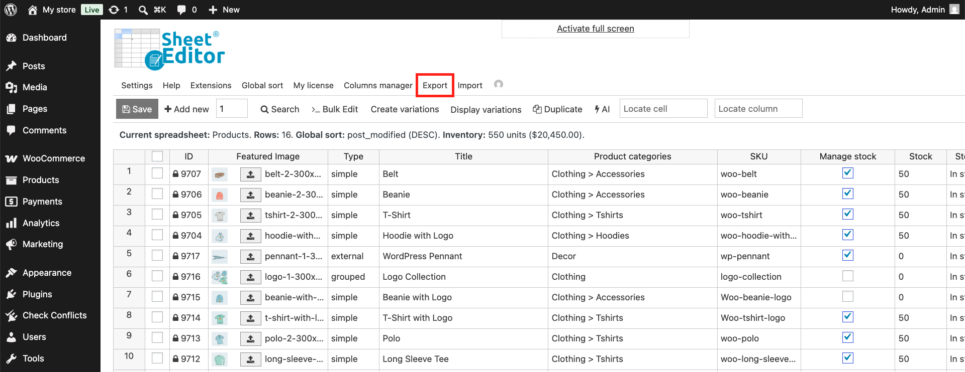 Export WooCommerce prices with WP Sheet Editor