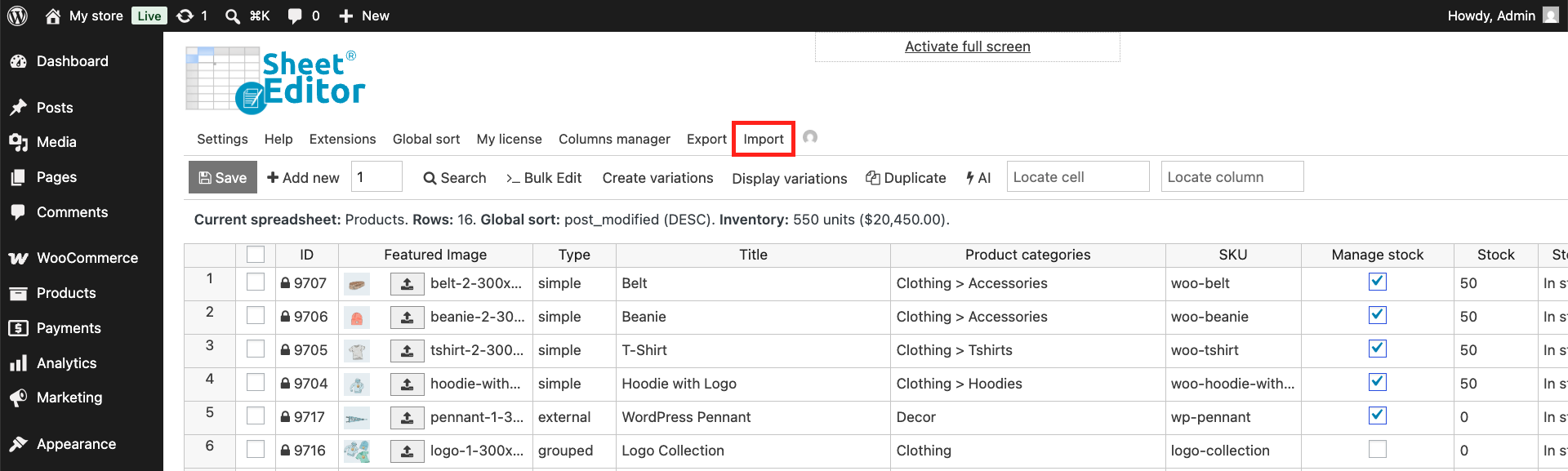 Import product prices tool in WP Sheet Editor