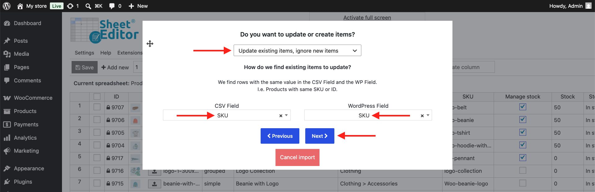 Map rows by SKU to update existing WooCommerce product prices