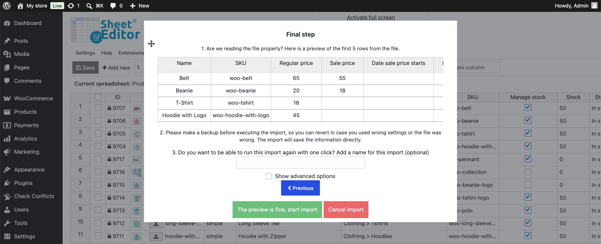 Run the import to bulk update WooCommerce prices from Google Sheets or Excel