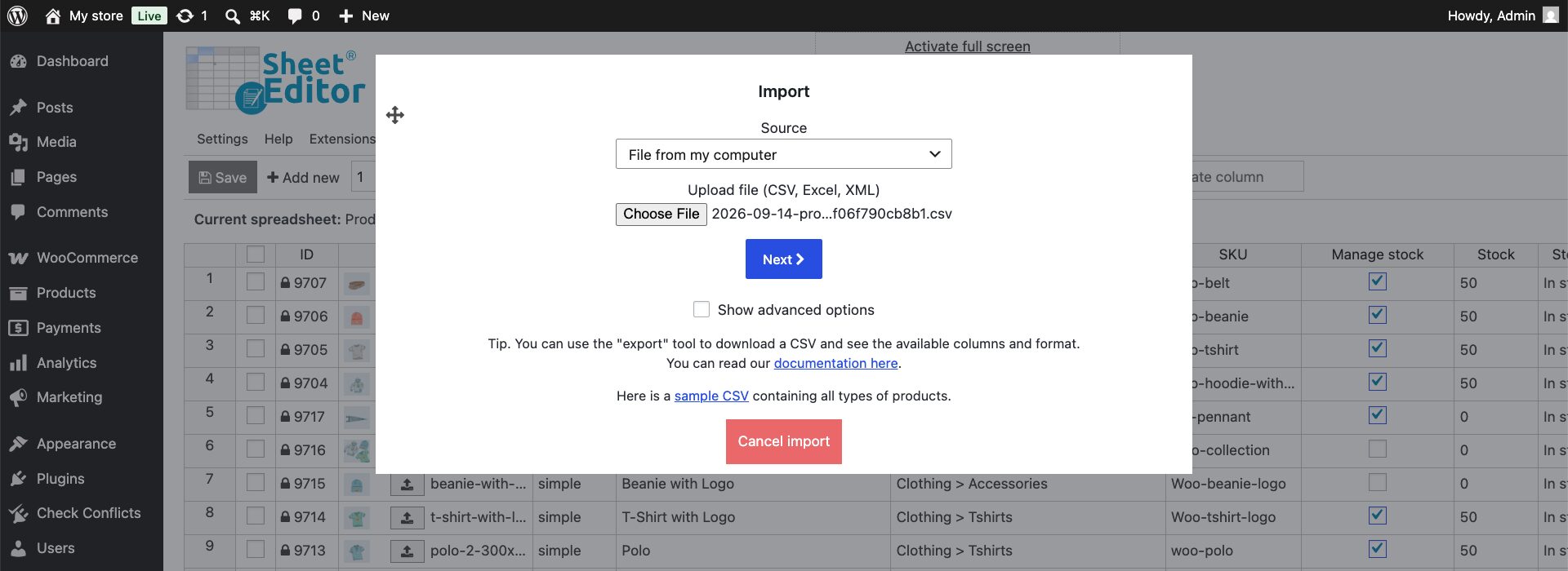Select spreadsheet file to import WooCommerce product prices