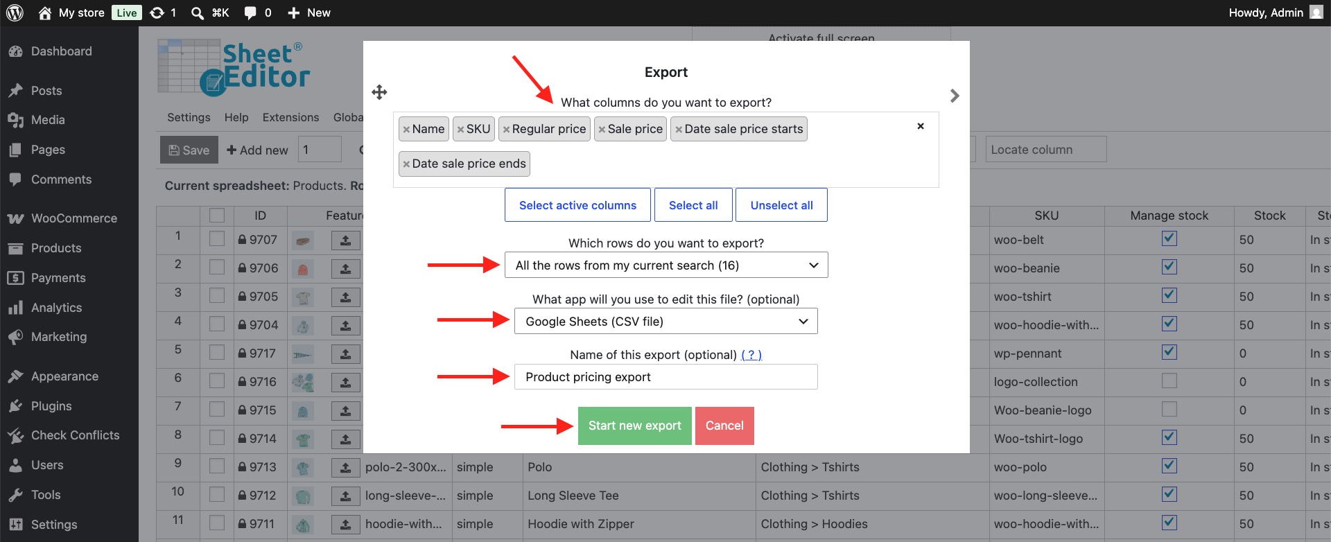 Set up export options to edit WooCommerce prices in Google Sheets or Excel