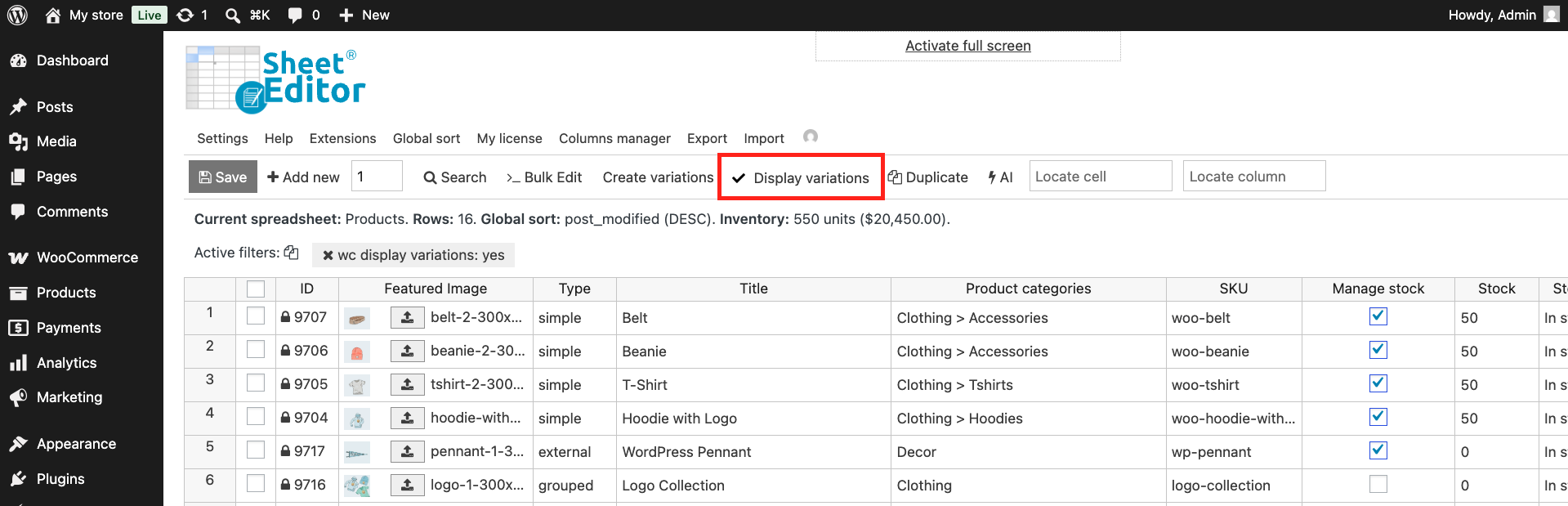 Display WooCommerce product variations to export pricing to Excel or Google Sheets