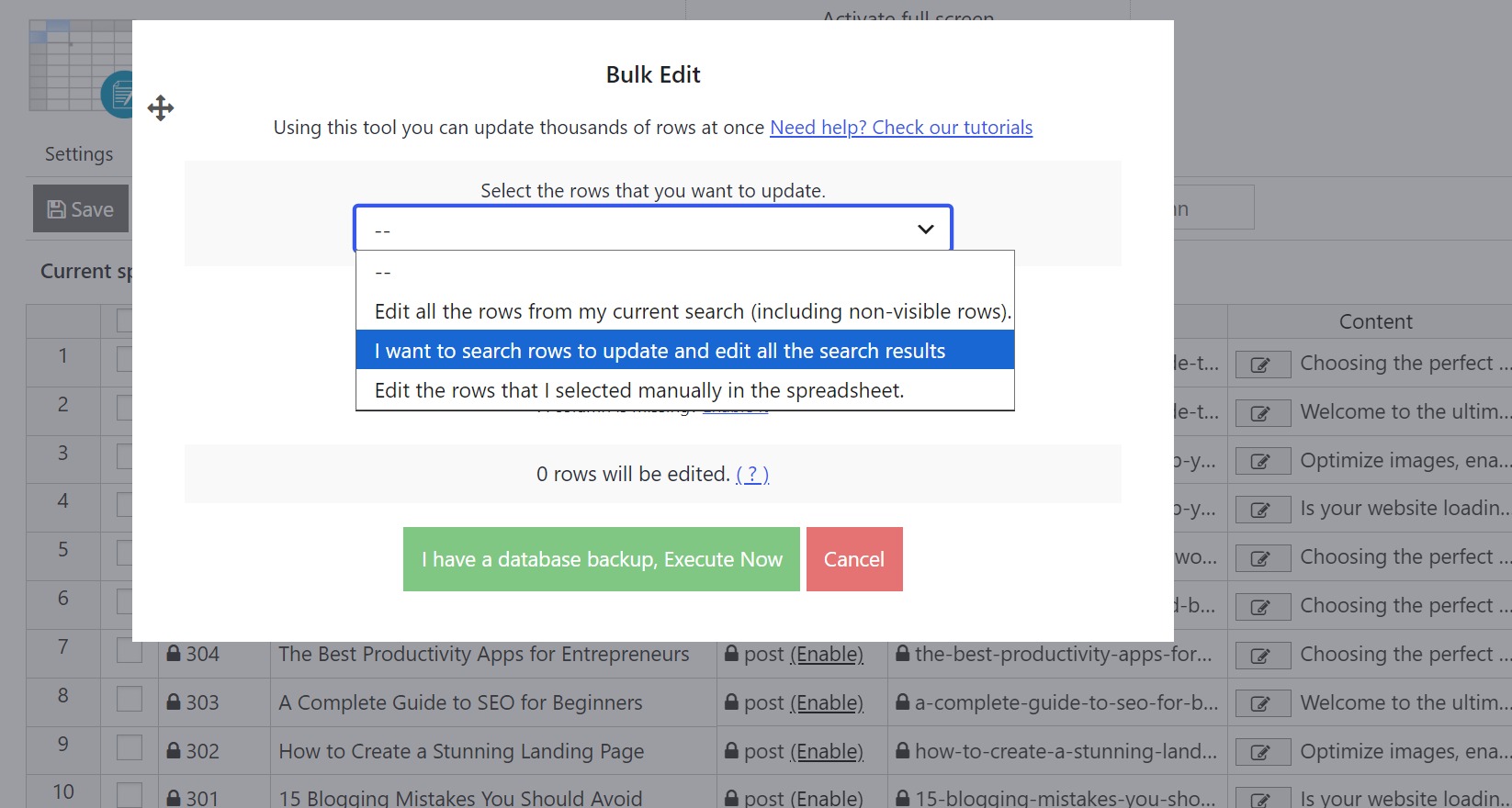 select the posts to search and update in bulk