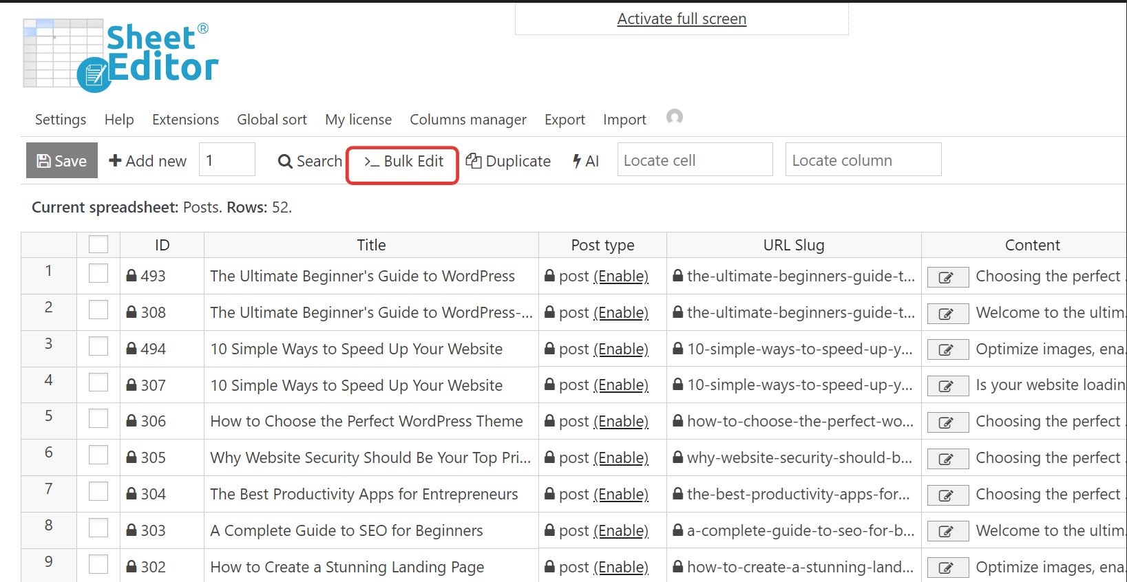open the bulk edit tool in the posts spreadsheet