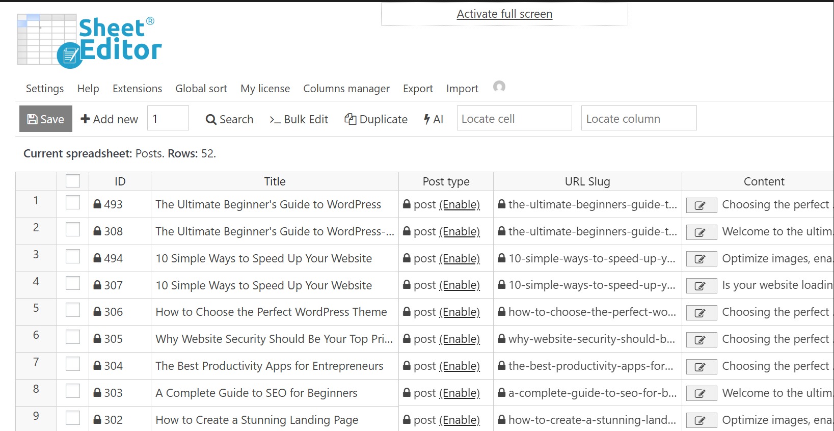 wp sheet editor posts spreadsheet
