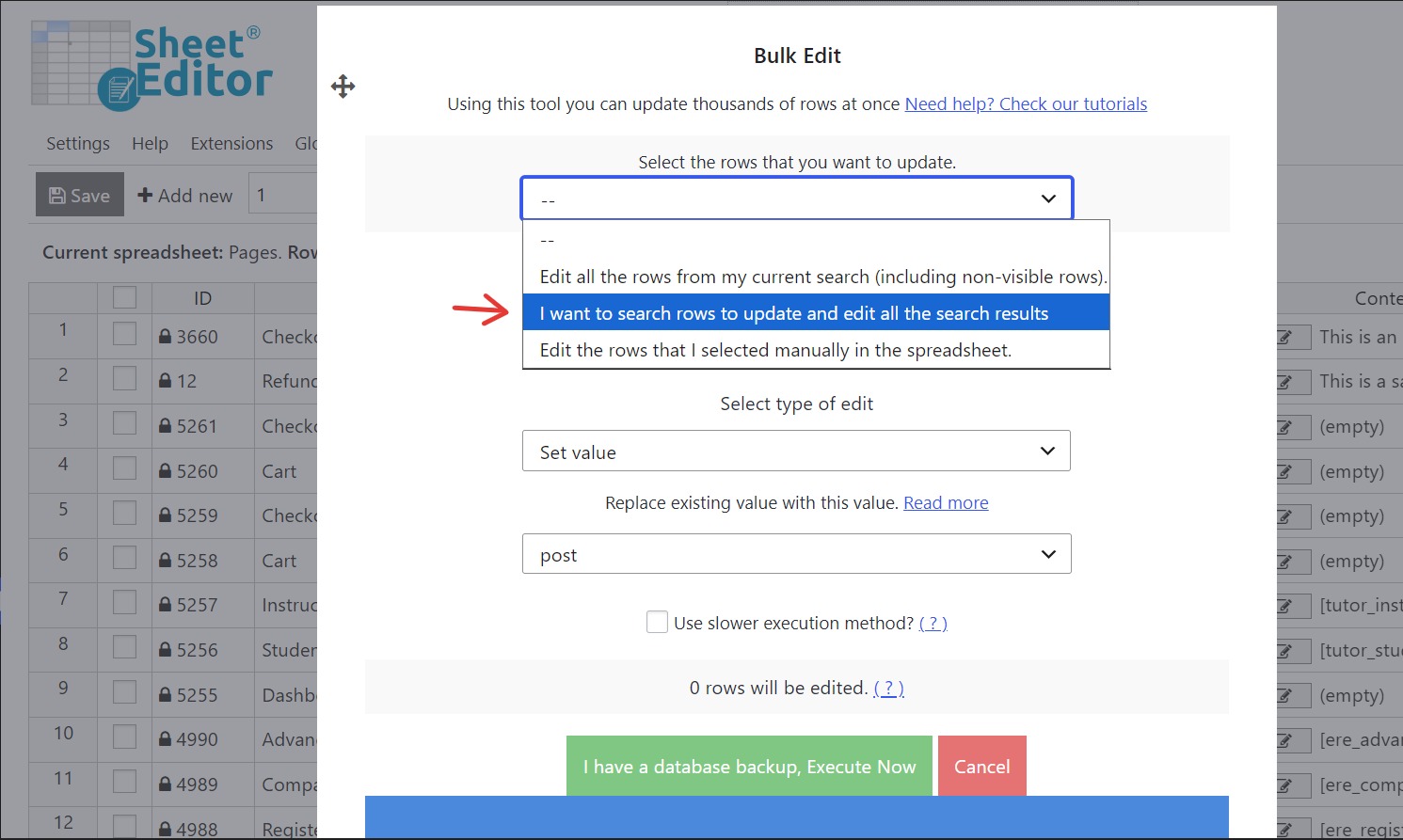 select the pages to search and update in bulk