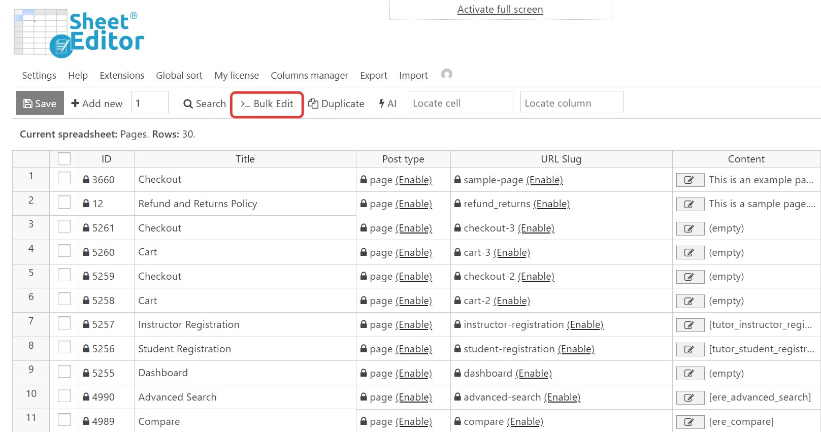 open the bulk edit tool in the pages spreadsheet