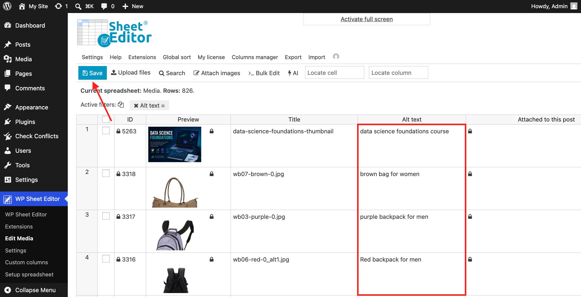 Adding alt text to WordPress images in WP Sheet Editor