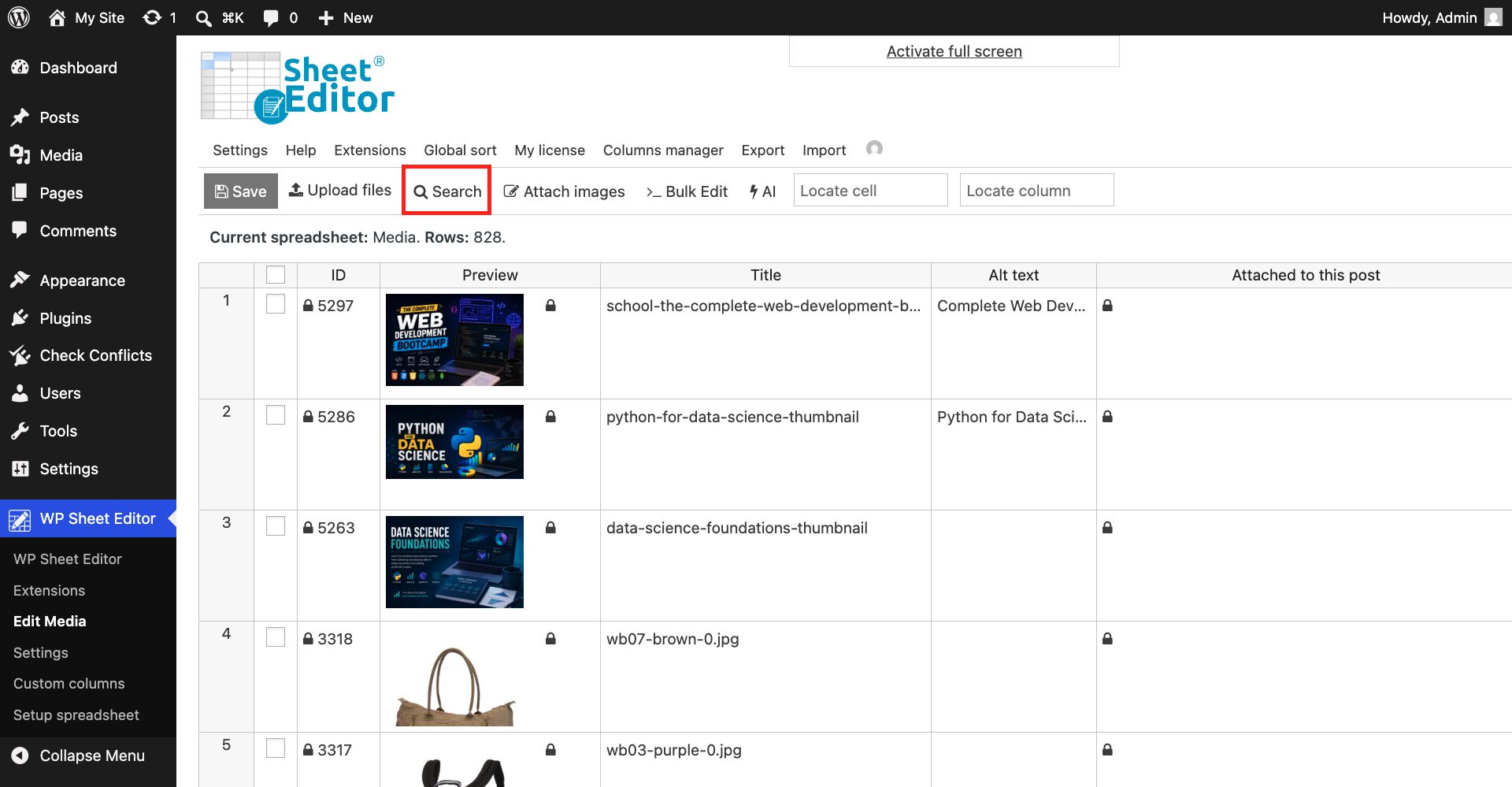 WordPress Search tool for finding images missing alt text