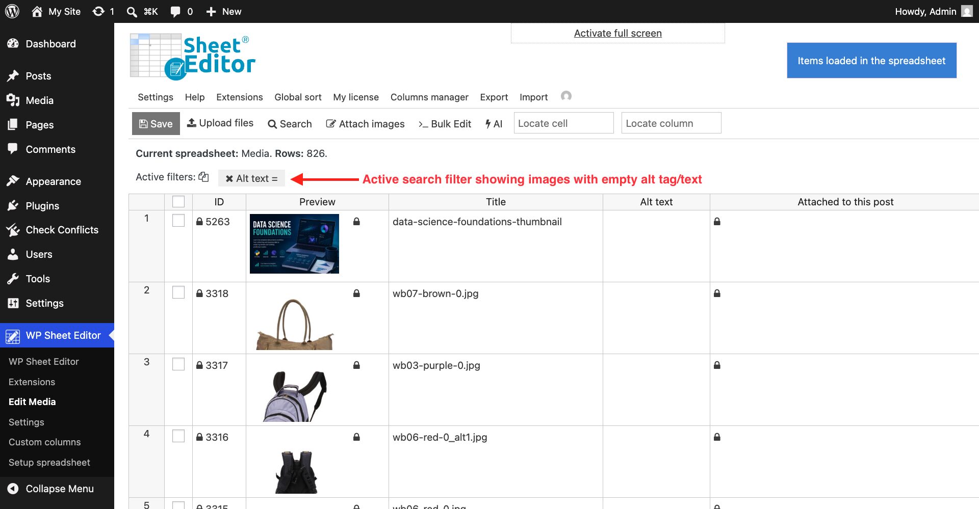 WordPress images without alt text displayed in a spreadsheet