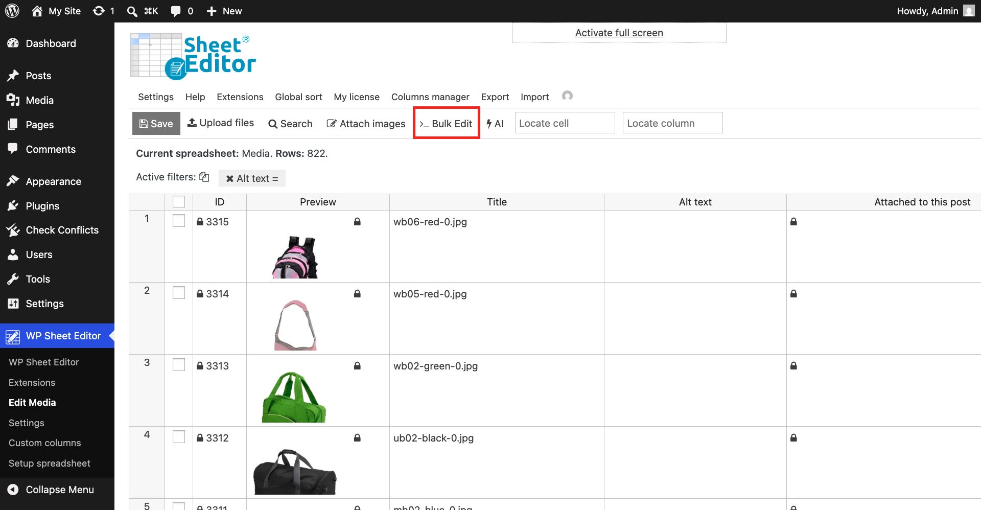 Bulk Edit tool for adding alt text to WordPress images