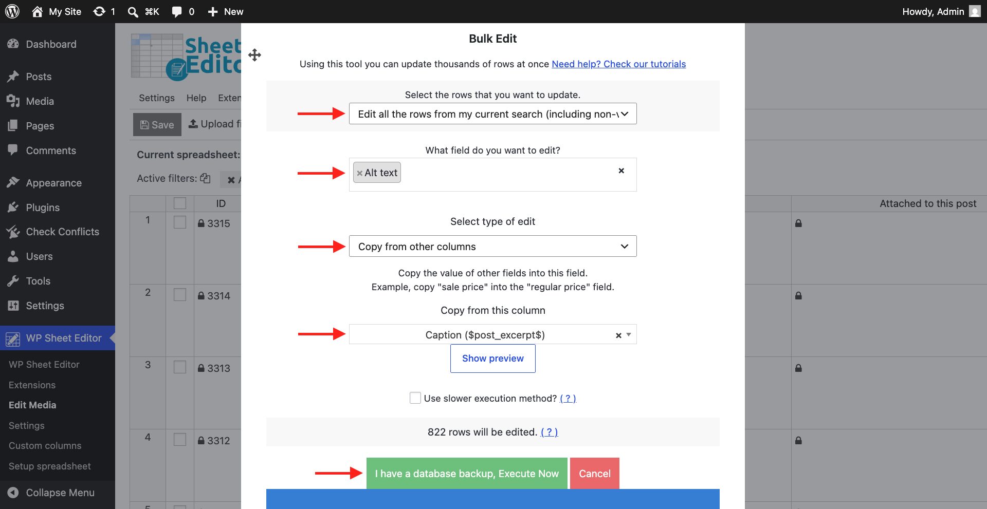 Copy information from another Media Library column to WordPress image alt text