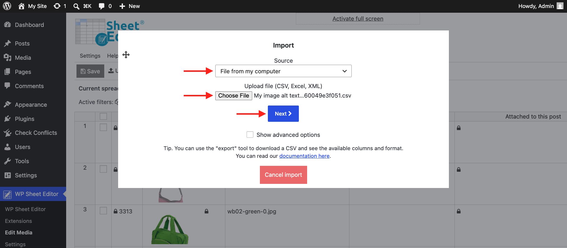 Choose a CSV file containing WordPress image alt text