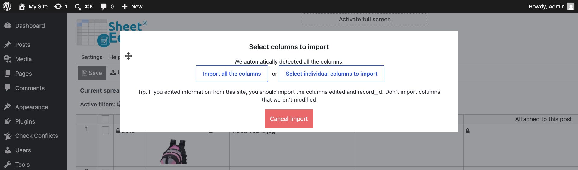 Import all columns from a CSV file into WP Sheet Editor