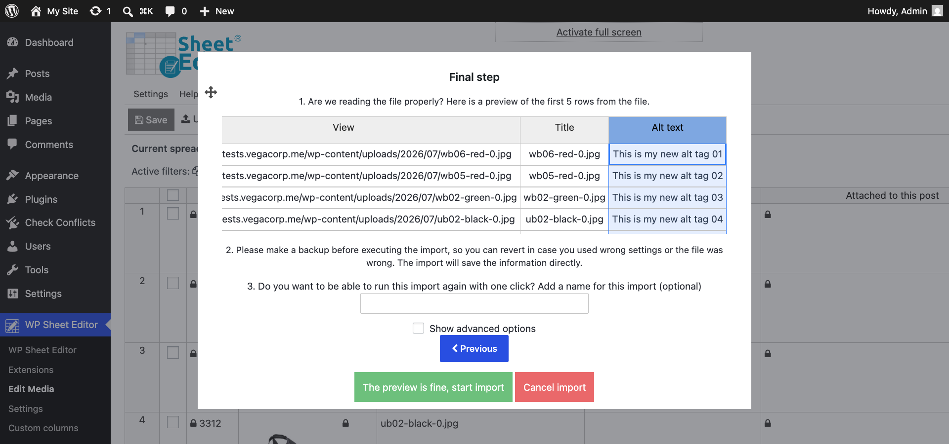 Preview CSV import changes before updating WordPress image alt text